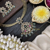 Vriksham Dual Peacock Gold-Plated With AD Stone Pendant Hasli Choker-Green-Green Bead-G20528